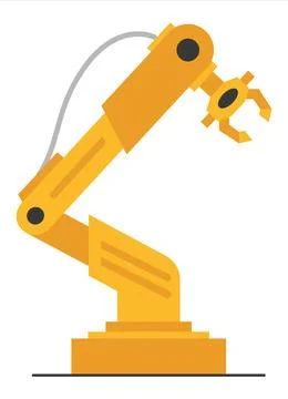 Vector flat robot arm welding at factory line. Modern plant tech manipulator Stock Illustration