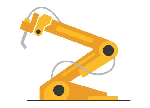 Vector flat robot arm welding at factory line. Modern plant tech manipulator Stock Illustration