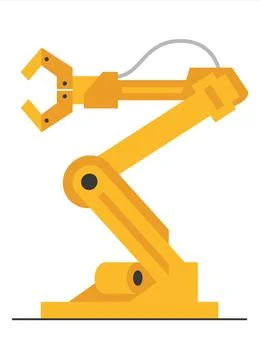 Vector flat robot arm welding at factory line. Modern plant tech manipulator Stock Illustration