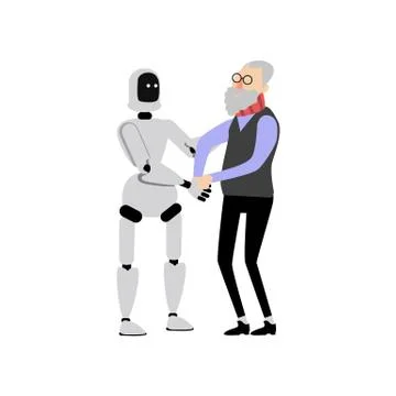 Vector flat robot assistant help elderly man Stock Illustration