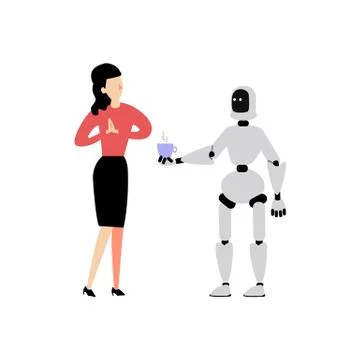 Vector flat robot cyborg waiter coffee to woman Stock Illustration