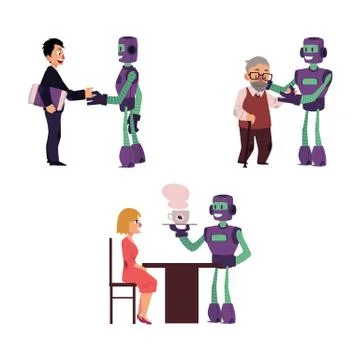 Vector flat robots people interaction scenes set Stockillustratie