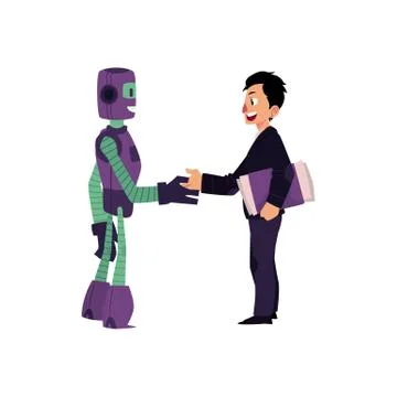 Vector flat robots people interaction scenes Stock-Illustration