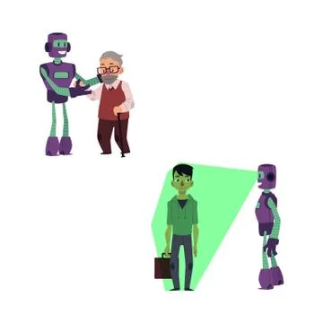 Vector flat robots people interaction scenes set Stock-Illustration