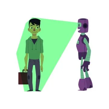 Vector flat robots people interaction scenes set Stock-Illustration