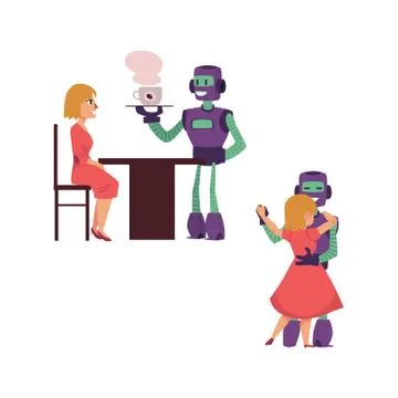 Vector flat robots people interaction scenes set Stock Illustration