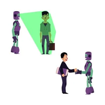 Vector flat robots people interaction scenes set Stock-Illustration