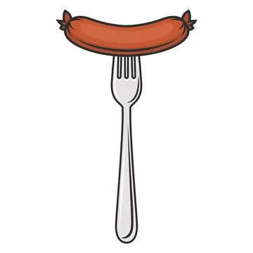 Vector Flat Sausage and Fork with Outline Closeup Isolated on a White Background Stock Illustration
