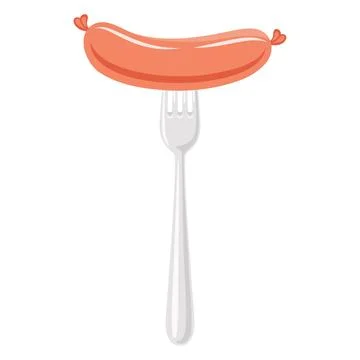 Vector Flat Sausage and Fork Closeup Isolated on a White Background. Cartoon Stock Illustration