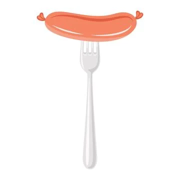 Vector Flat Sausage and Fork Closeup Isolated on a White Background. Cartoon Stock Illustration