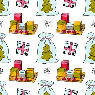 Vector flat seamless pattern New Year s, Christmas gifts Stock Illustration
