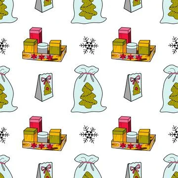 Vector flat seamless pattern New Year s, Christmas gifts Stock Illustration