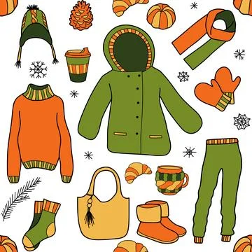 Vector flat seamless pattern of winter clothes Stock Illustration
