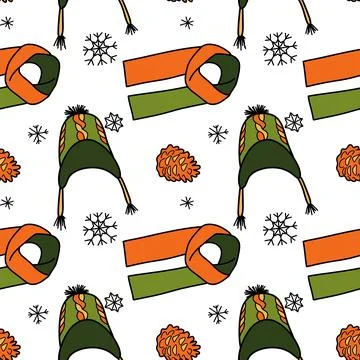 Vector flat seamless pattern of winter clothes Stock Illustration
