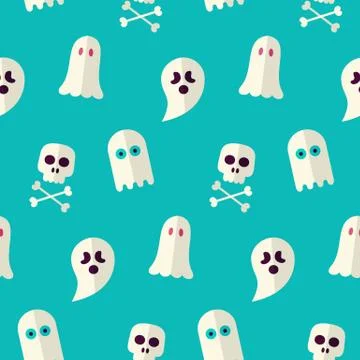 Vector Flat Seamless Scary Ghost and Spirit Halloween Pattern Stock Illustration
