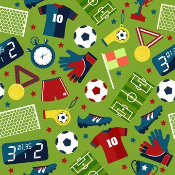 Vector flat seamless texture pattern sport soccer on green background . Stock Illustration