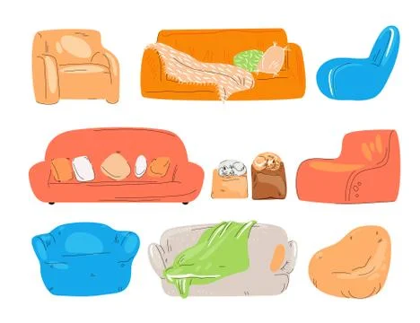 Vector flat set of cozy couch, divan, sofa, chairs, padded stool and armchairs Stock Illustration