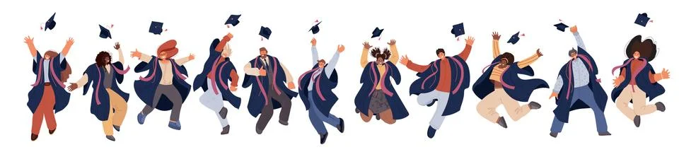 Vector flat set of Happy graduated man and woman in college and university Stock Illustration