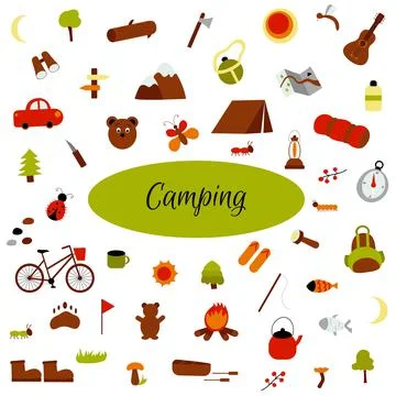 Vector flat set of hiking and camping elements. Vector collection in cartoon  Stock Illustration