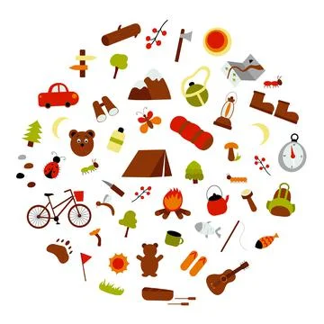 Vector flat set of hiking and camping elements. Collection in cartoon hand dr Stock Illustration