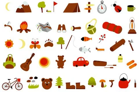 Vector flat set of hiking and camping elements. Collection in cartoon hand dr Stock Illustration
