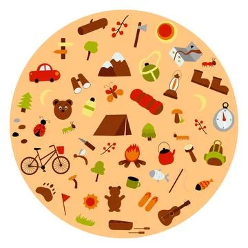 Vector flat set of hiking and camping elements. Collection in cartoon hand dr Stock Illustration