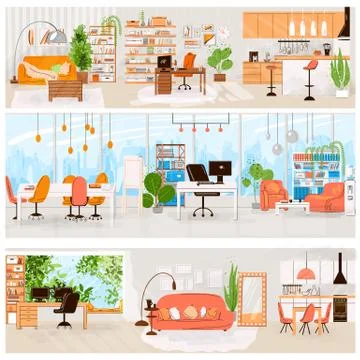 Vector flat set of home and office interior - Living room interior, kitchen Stock Illustration