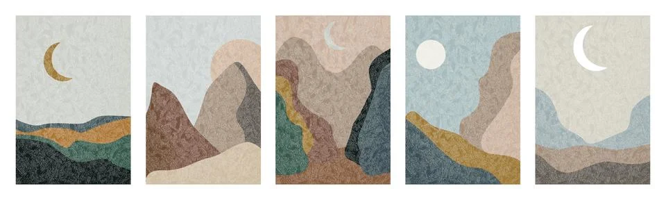 Vector flat set. The picture shows a view of the mountains, the river, the Stock Illustration