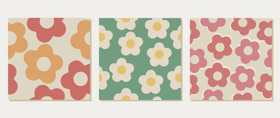 Vector flat set of three abstract square seamless patterns. Floral retro design Stock Illustration