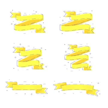 Vector flat set of yellow ribbons with dashed lines and geometric abstract sh Stock Illustration