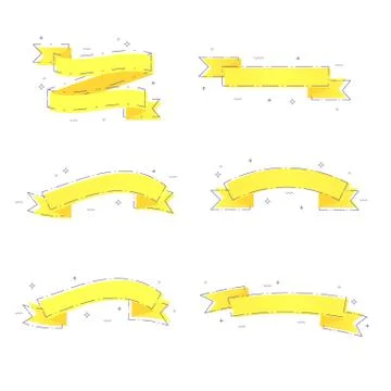 Vector flat set of yellow ribbons with dashed lines and geometric abstract sh Stock Illustration