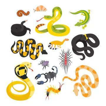 Vector flat snakes and other danger animals Illustrazione stock