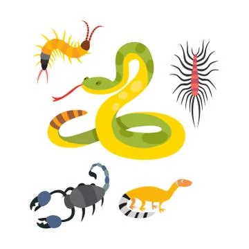 Vector flat snakes and other danger animals Illustrazione stock