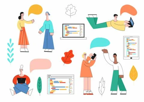 Vector flat social communication with young girl Stock Illustration