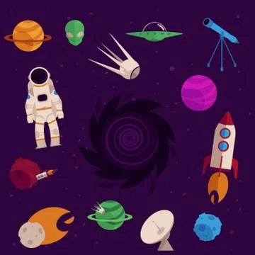 Vector flat space, cosmos objects icon set 스톡 일러스트