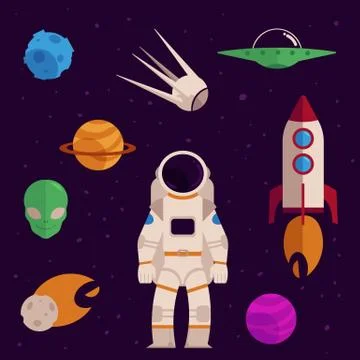 Vector flat space, cosmos objects icon set Stock Illustration
