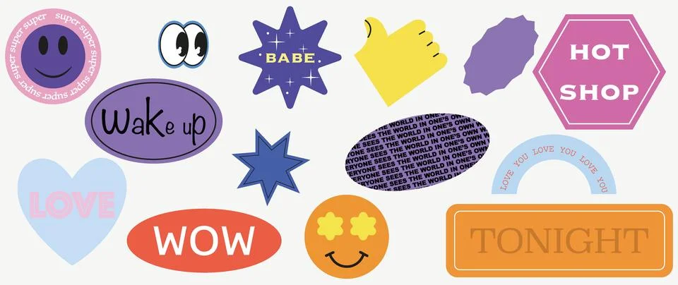 Vector flat stickers. A collection of various geometric shapes, resins and Stock Illustration