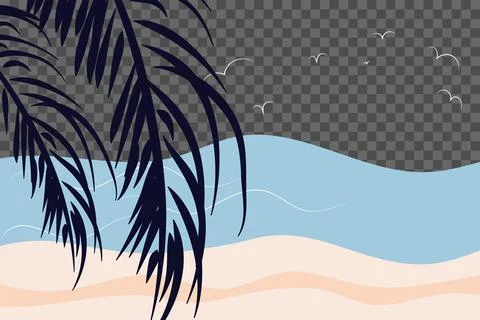 Vector, flat style. Beach, waves, flock of birds, palm branch, close-up Stock Illustration