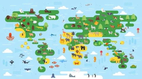 Vector flat style big abstract world map with animals. Stock Illustration