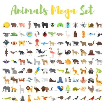 Vector flat style big set of animals. Stock Illustration