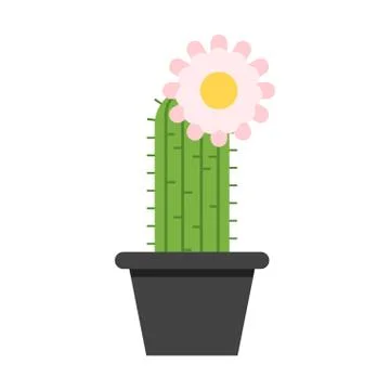 Vector flat style cactus in pot with flower on the top. Stock Illustration