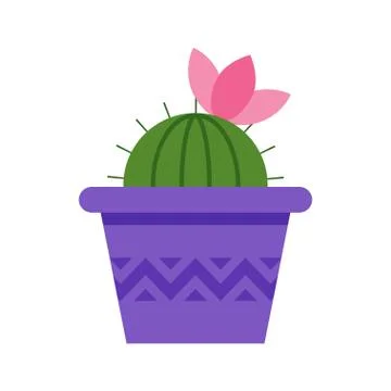 Vector flat style cactus in pot with pink flower Stock Illustration