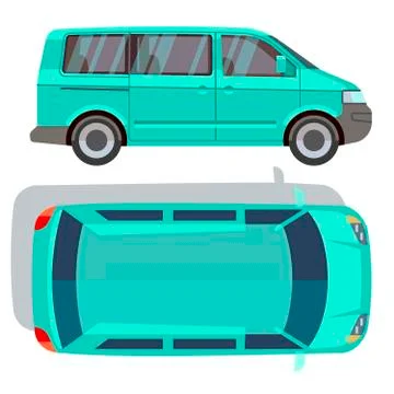 Vector flat-style cars in different views. Blue minivan Stock Illustration