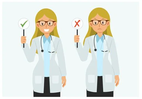 Vector flat style cartoon character of Female doctor with a right and wrong s Stock Illustration