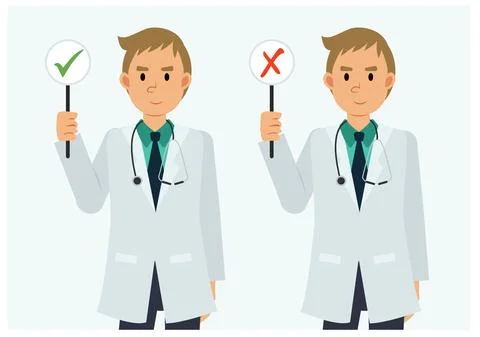 Vector flat style cartoon character of male doctor with a right and wrong sig Stock Illustration