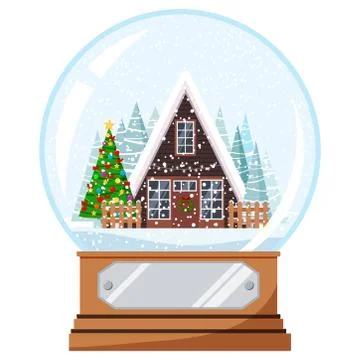 Vector flat style Christmas design crystal snow globe with decorated house an Illustrazione stock