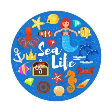 Vector flat style circle composition with sea life icons. Stock Illustration