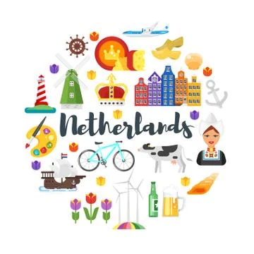 Vector flat style circle shape composition of Netherlands national cultural s Stock Illustration