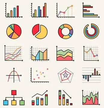 Vector flat style colorful isolated icons of graphs, schemes, schedules Stock Illustration