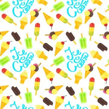 Vector flat style colorful seamless pattern with various kinds of ice cream Stock Illustration